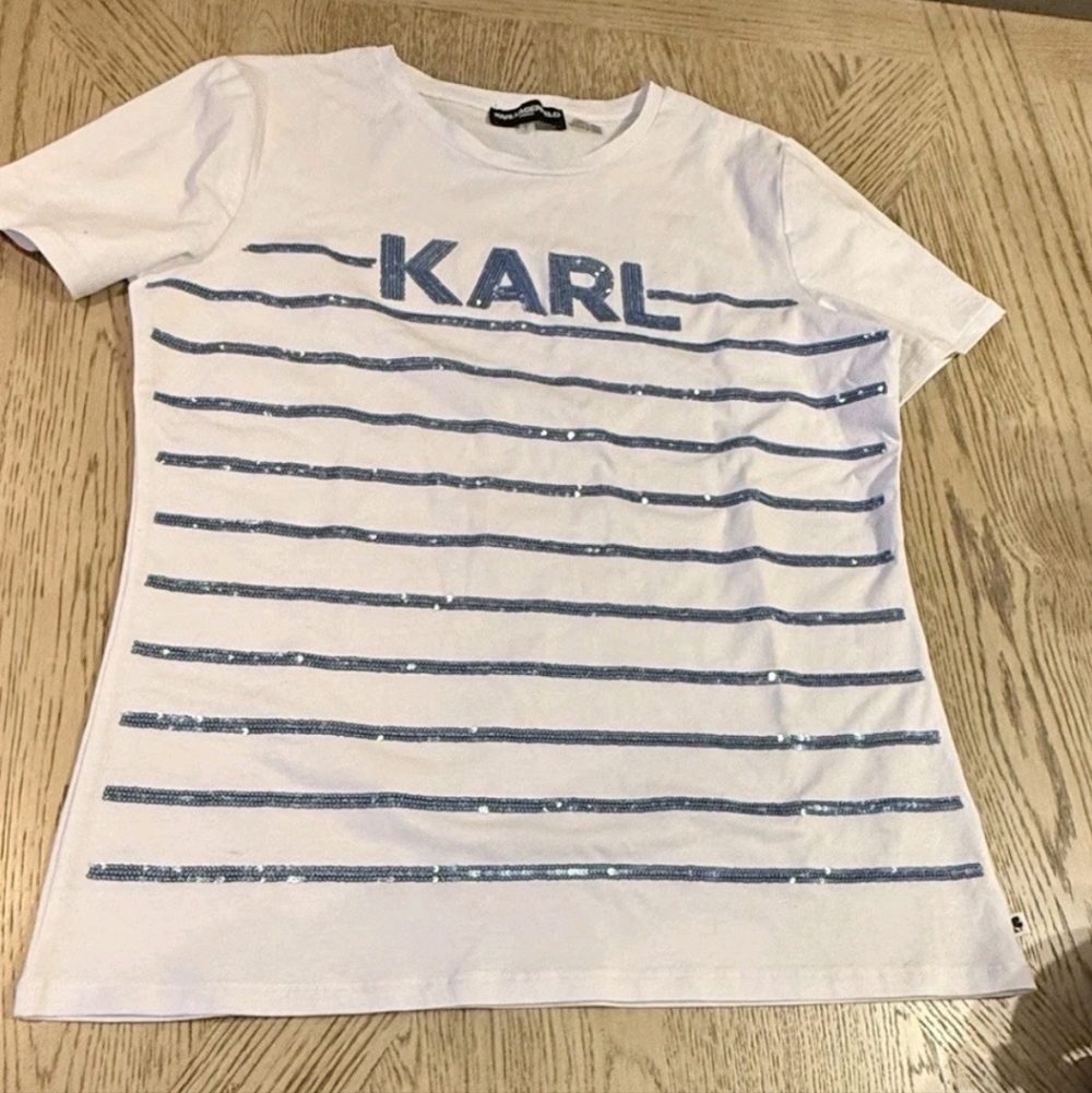 Karl Lagerfeld Paris Blue Jeweled Logo Women’s S White T Shirt